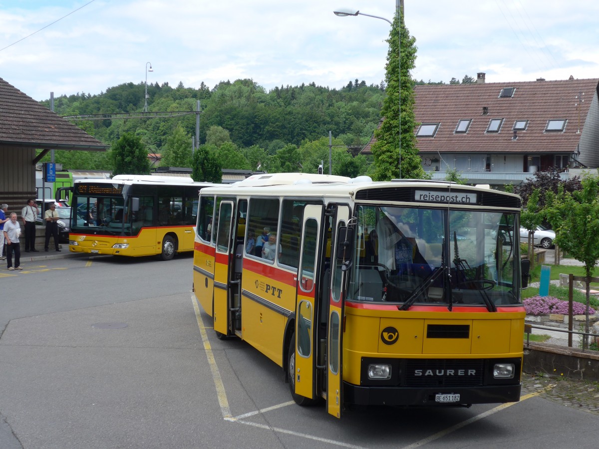 (161'478) - Bernair, M�nsingen - BE 651'182 - Saurer/T�scher (ex Schebath, Lauerz; ex Albin, F�llanden; ex Heim, Flums) am 30. Mai 2015 beim Bahnhof Laupen