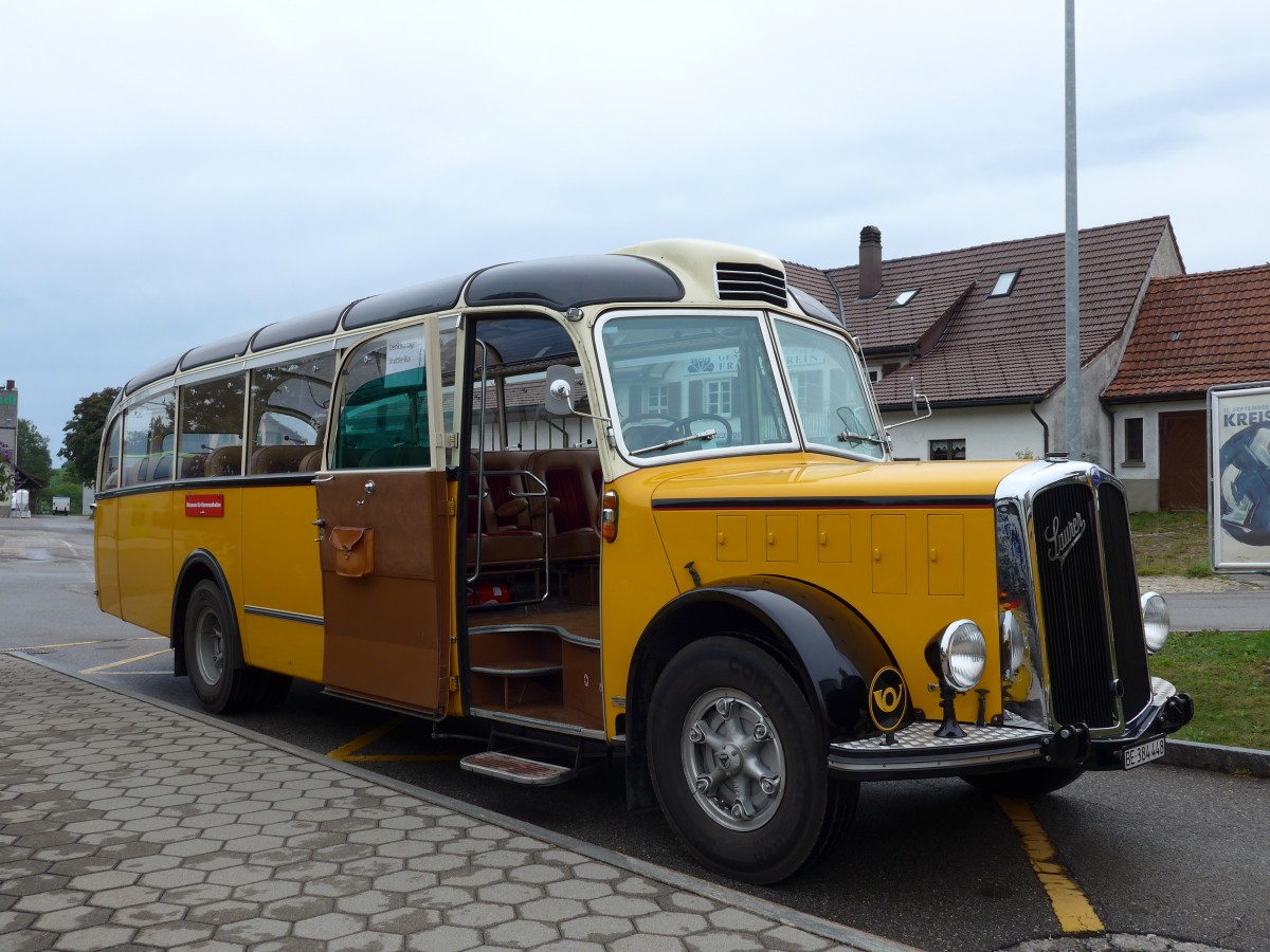 (164'619) - Museum f�r Kommunikation, Bern - BE 384'448 - Saurer/Eggli (ex P 23'135) am 13. September 2015 beim Bahnhof Schwarzenburg