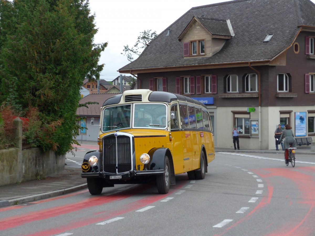 (164'668) - Museum f�r Kommunikation, Bern - BE 384'448 - Saurer/Eggli (ex P 23'135) am 13. September 2015 beim Bahnhof Schwarzenburg