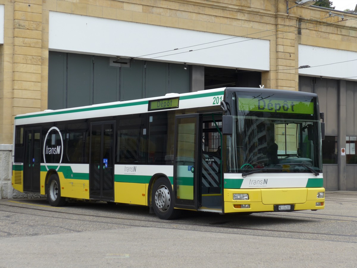 (164'773) - transN, La Chaux-de-Fonds - Nr. 201/NE 114'201 - MAN (ex TN Neuch�tel Nr. 201) am 15. September 2015 in Neuch�tel, D�p�t