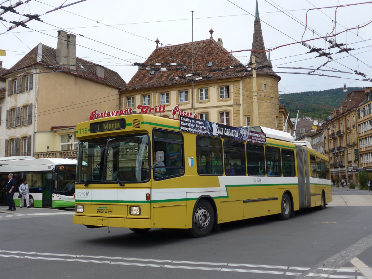 (164'792) - transN, La Chaux-de-Fonds - Nr. 116 - NAW/Hess Gelenktrolleybus (ex TN Neuch�tel Nr. 116) am 15. September 2015 in Neuch�tel, Place Pury