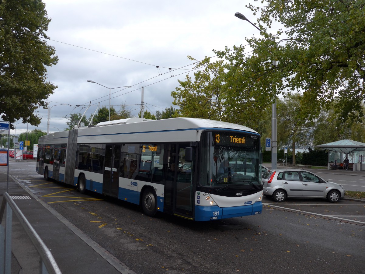 (164'954) - VBZ Z�rich - Nr. 181 - Hess/Hess Gelenktrolleybus am 17. September 2015 beim Bahnhof Z�rich-Tiefenbrunnen