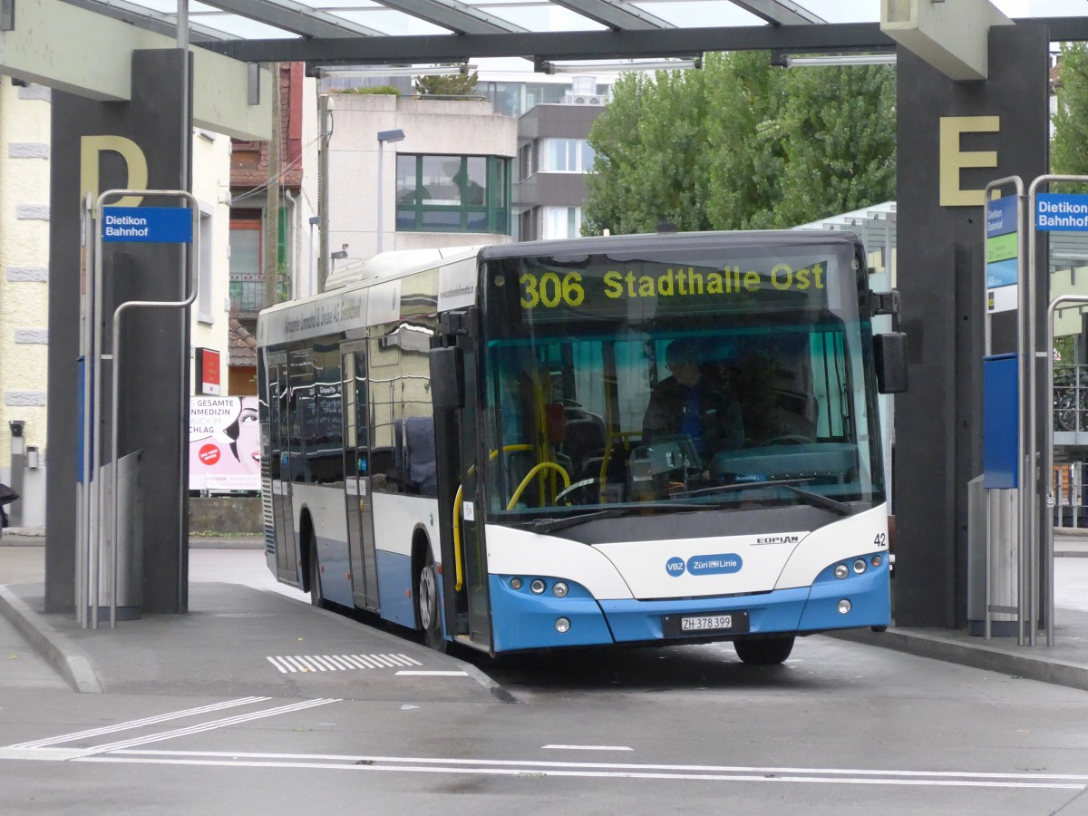 (164'983) - Limmat Bus, Dietikon - Nr. 42/ZH 378'399 - Neoplan (ex VBZ Z�rich Nr. 262) am 17. September 2015 beim Bahnhof Dietikon