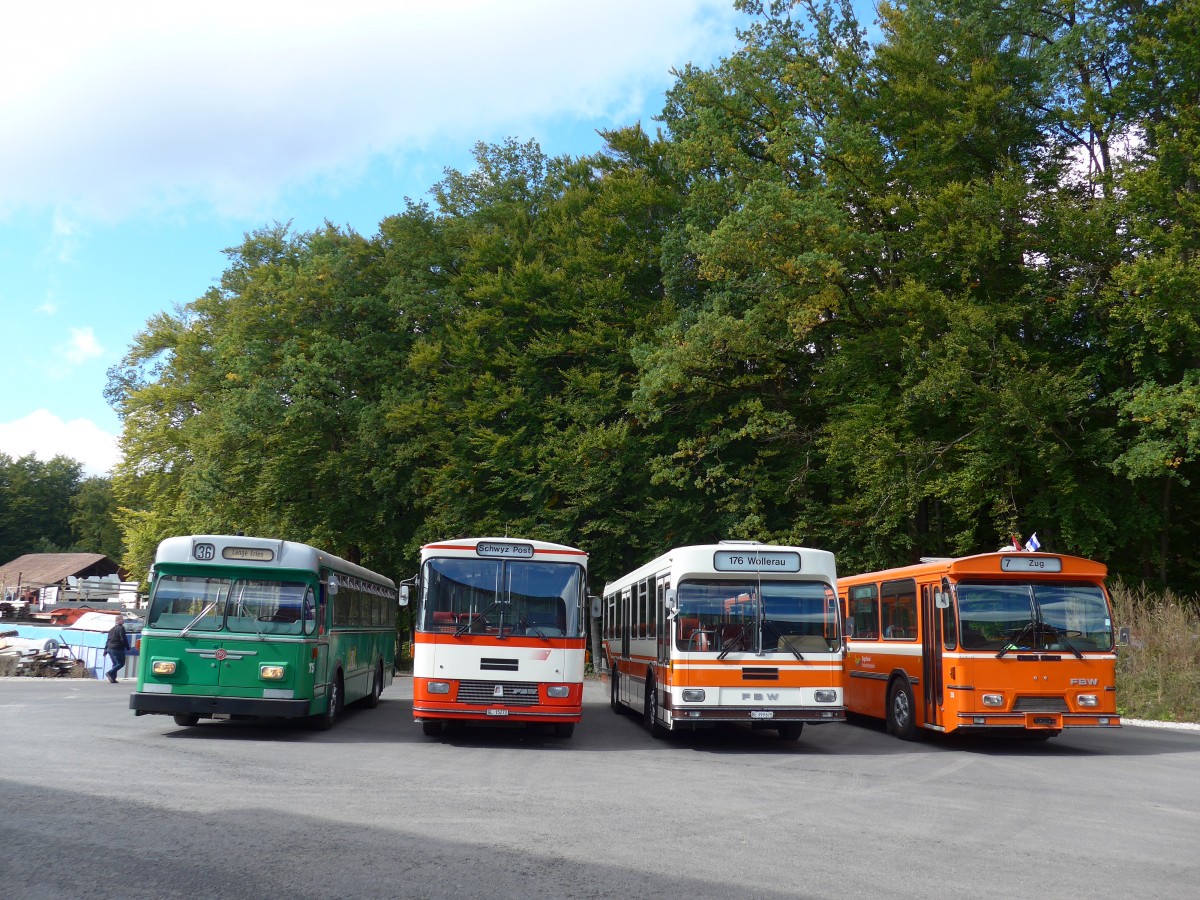 (165'965) - BVB Basel (RWB) - Nr. 75 - FBW/FHS + Frey, Opfikon - GL 15'272 - FBW/R&J (ex Tiemann, Oetwil Nr. 20; ex AAGS Schwyz Nr. 20) + Wegm�ller, M�nsingen - BE 399'675 - FBW/R&J (ex Bamert, Wollerau) + ZVB Zug (RWB) - Nr. 35 - FBW/Hess am 4. Oktober 2015 in Burgdorf, �kihof Ziegelgut