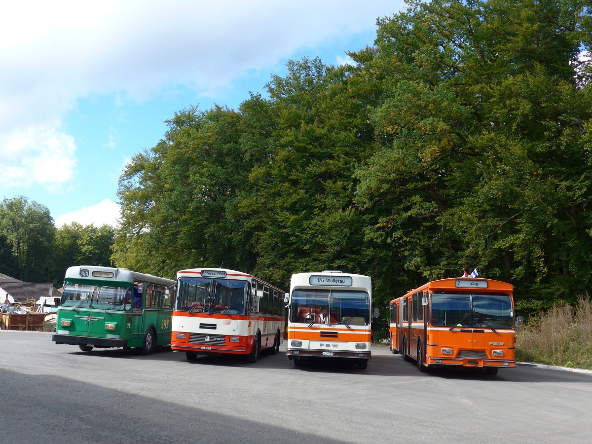 (165'966) - BVB Basel (RWB) - Nr. 75 - FBW/FHS + Frey, Opfikon - GL 15'272 - FBW/R&J (ex Tiemann, Oetwil Nr. 20; ex AAGS Schwyz Nr. 20) + Wegm�ller, M�nsingen - BE 399'675 - FBW/R&J (ex Bamert, Wollerau) + ZVB Zug (RWB) - Nr. 35 - FBW/Hess am 4. Oktober 2015 in Burgdorf, �kihof Ziegelgut