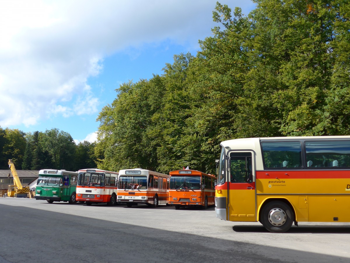 (165'968) - BVB Basel (RWB) - Nr. 75 - FBW/FHS + Frey, Opfikon - GL 15'272 - FBW/R&J (ex Tiemann, Oetwil Nr. 20; ex AAGS Schwyz Nr. 20) + Wegm�ller, M�nsingen - BE 399'675 - FBW/R&J (ex Bamert, Wollerau) + ZVB Zug (RWB) - Nr. 35 - FBW/Hess + Buzzi, Bern - Mercedes (ex Mattli, Wassen) am 4. Oktober 2015 in Burgdorf, �kihof Ziegelgut