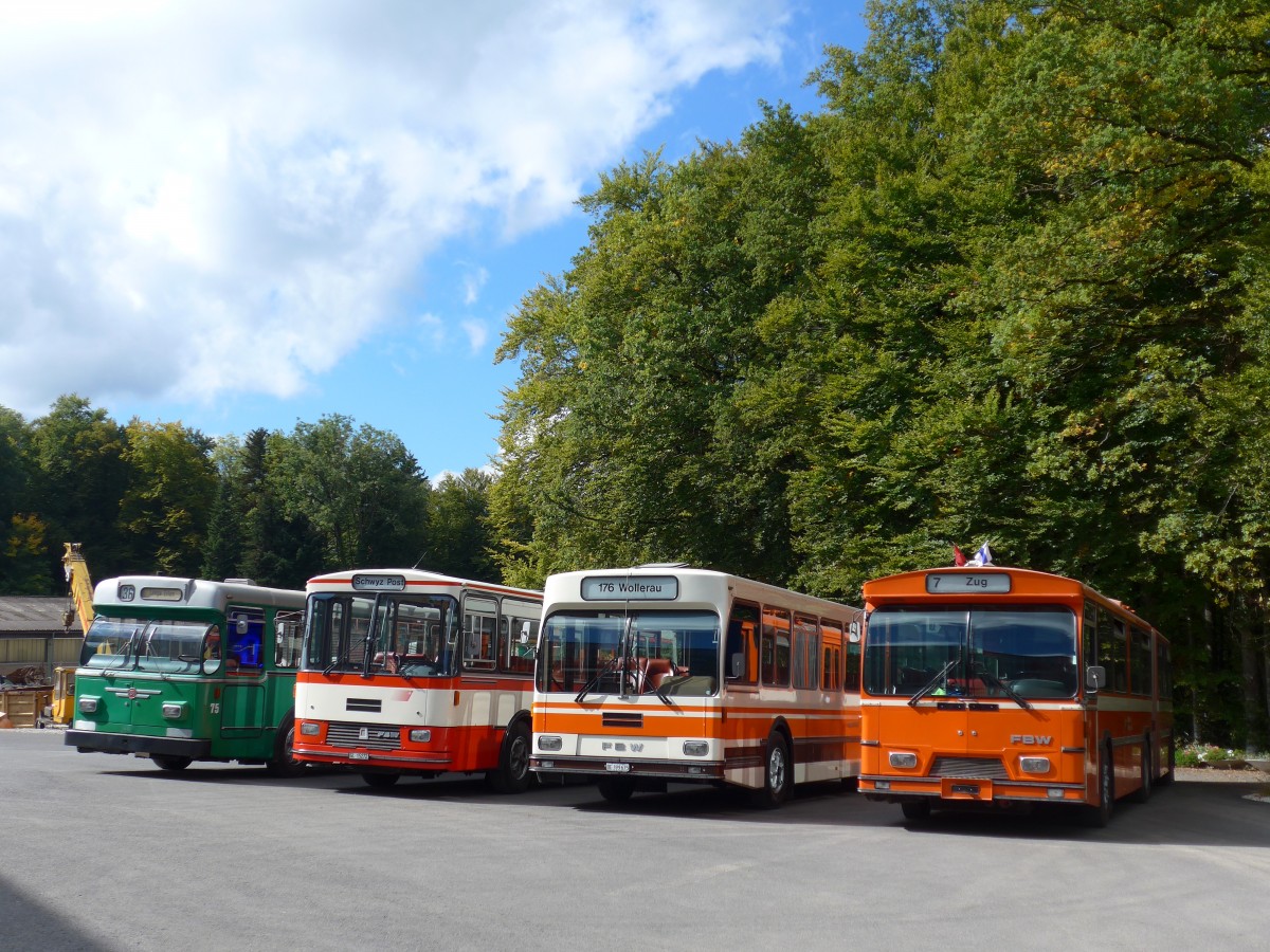 (165'970) - BVB Basel (RWB) - Nr. 75 - FBW/FHS + Frey, Opfikon - GL 15'272 - FBW/R&J (ex Tiemann, Oetwil Nr. 20; ex AAGS Schwyz Nr. 20) + Wegm�ller, M�nsingen - BE 399'675 - FBW/R&J (ex Bamert, Wollerau) + ZVB Zug (RWB) - Nr. 35 - FBW/Hess am 4. Oktober 2015 in Burgdorf, �kihof Ziegelgut