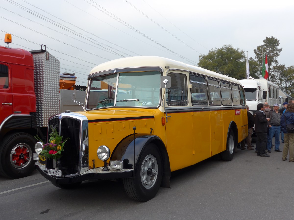(166'068) - Bl�chlinger, Endingen - AG 69'937 - Saurer/T�scher (ex Dubach, Walde; ex Spescha, Andiast) am 10. Oktober 2015 in Sch�nis, Bicoareal