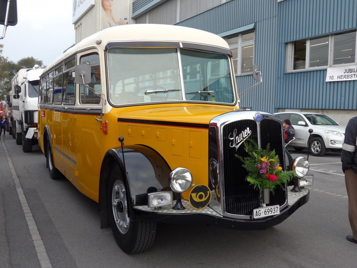 (166'069) - Bl�chlinger, Endingen - AG 69'937 - Saurer/T�scher (ex Dubach, Walde; ex Spescha, Andiast) am 10. Oktober 2015 in Sch�nis, Bicoareal