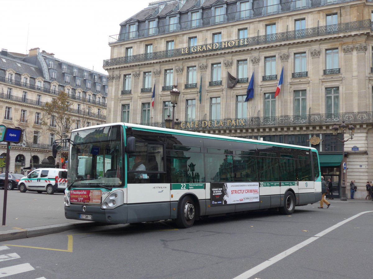 (166'961) - RATP Paris - Nr. 3016/927 QWN 75 - Irisbus am 16. November 2015 in Paris, Op�ra