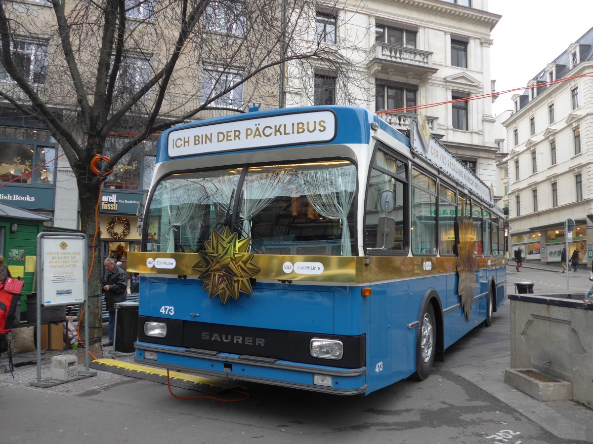 (167'670) - VBZ Z�rich - Nr. 473 - Saurer/R&J P�cklibus (ex Nr. 9017; ex Nr. 263) am 5. Dezember 2015 in Z�rich, Bahnhofstrasse