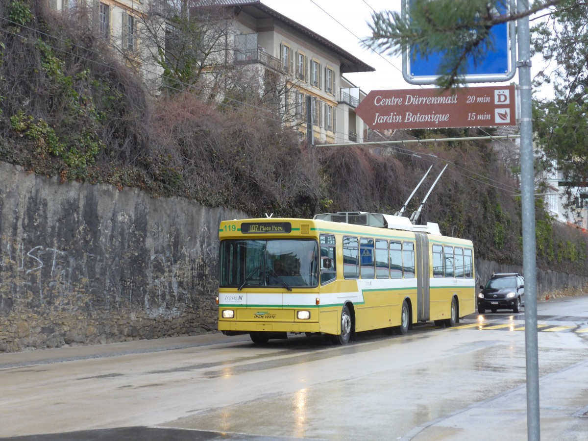 (168'784) - transN, La Chaux-de-Fonds - Nr. 119 - NAW/Hess Gelenktrolleybus (ex TN Neuch�tel Nr. 119) am 20. Februar 2016 beim Bahnhof Neuch�tel