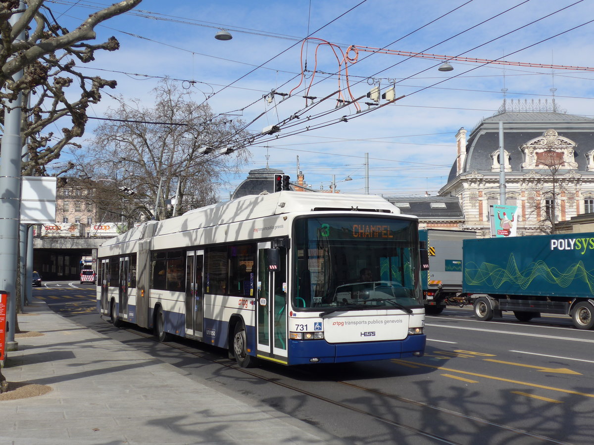 (169'133) - TPG Gen�ve - Nr. 731 - Hess/Hess Gelenktrolleybus am 7. M�rz 2016 in Gen�ve, Place des Vingt-Deux-Cantons