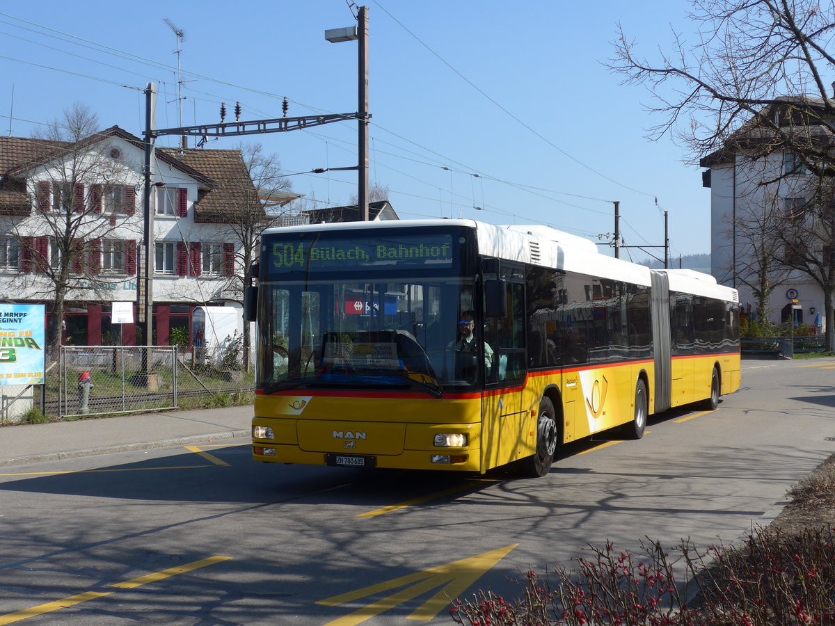 (169'314) - PostAuto Z�rich - Nr. 143/ZH 780'685 - MAN (ex Nr. 20; ex P 26'015) am 19. M�rz 2016 beim Bahnhof B�lach