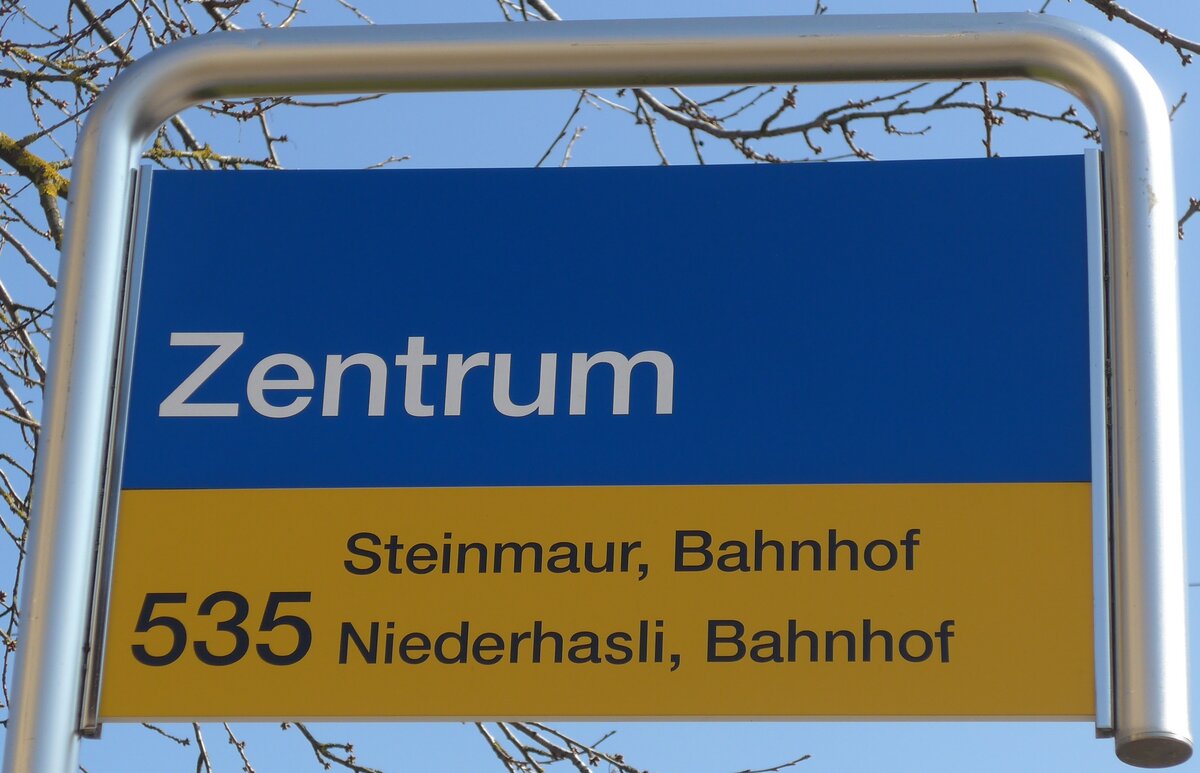 (169'329) - ZVV/PostAuto-Haltestellenschild - Stadel, Zentrum - am 19. M�rz 2016