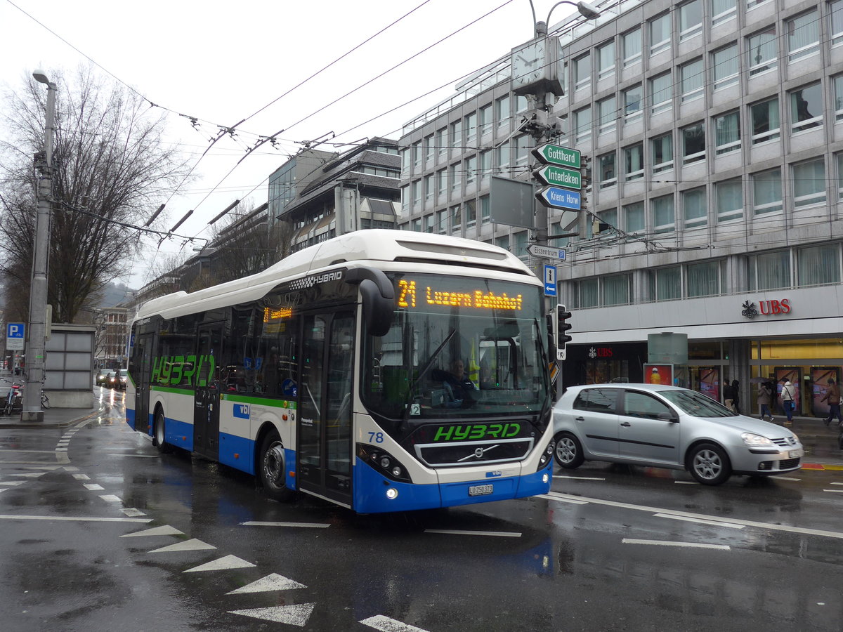 (169'465) - VBL Luzern - Nr. 78/LU 250'373 - Volvo am 25. M�rz 2016 beim Bahnhof Luzern