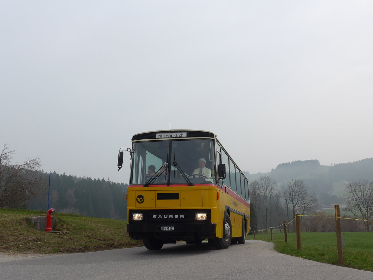 (169'638) - Bernair, M�nsingen - BE 651'182 - Saurer/T�scher (ex Schebath, Lauerz; ex Albin, F�llanden; ex Heim, Flums) am 2. April 2016 bei Teufen