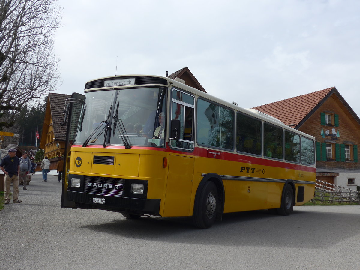 (169'672) - Bernair, M�nsingen - BE 651'182 - Saurer/T�scher (ex Schebath, Lauerz; ex Albin, F�llanden; ex Heim, Flums) am 2. April 2016 in Teufen, Restaurant Waldegg