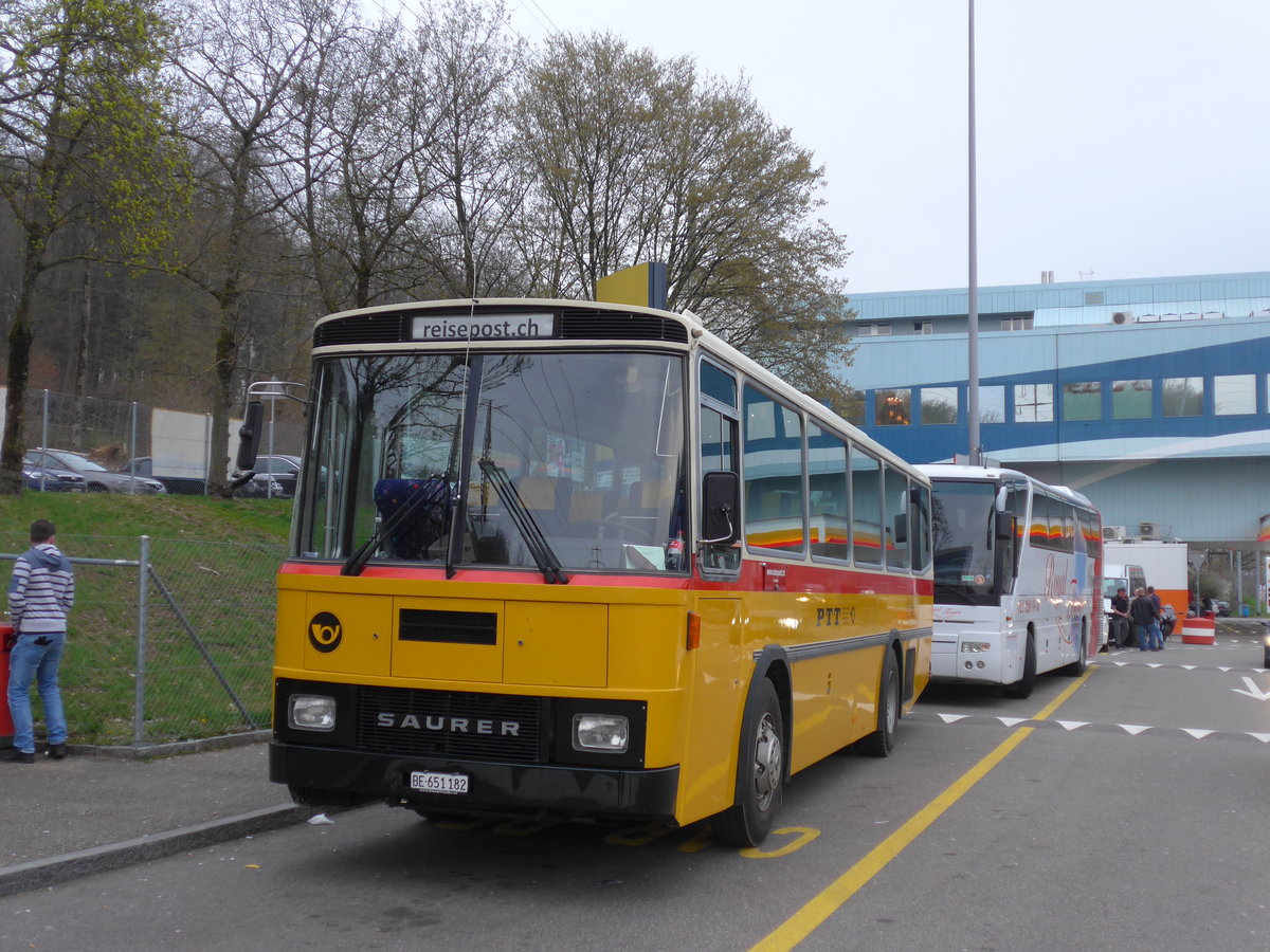 (169'717) - Bernair, M�nsingen - BE 651'182 - Saurer/T�scher (ex Schebath, Lauerz; ex Albin, F�llanden; ex Heim, Flums) am 2. April 2016 in W�renlos, Rastst�tte