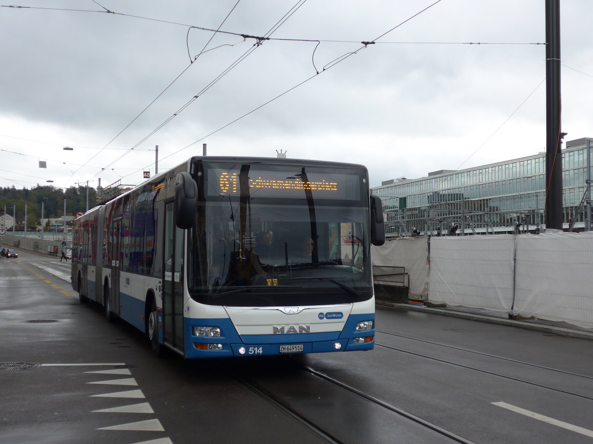 (169'992) - VBZ Z�rich - Nr. 514/ZH 649'514 - MAN am 14. April 2016 beim Bahnhof Z�rich-Oerlikon