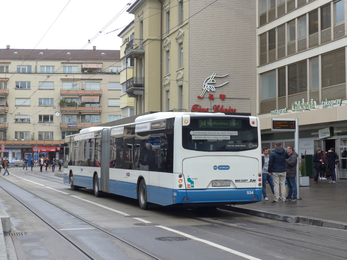 (170'000) - VBZ Z�rich - Nr. 534/ZH 730'534 - Neoplan am 14. April 2016 beim Bahnhof Z�rich-Oerlikon