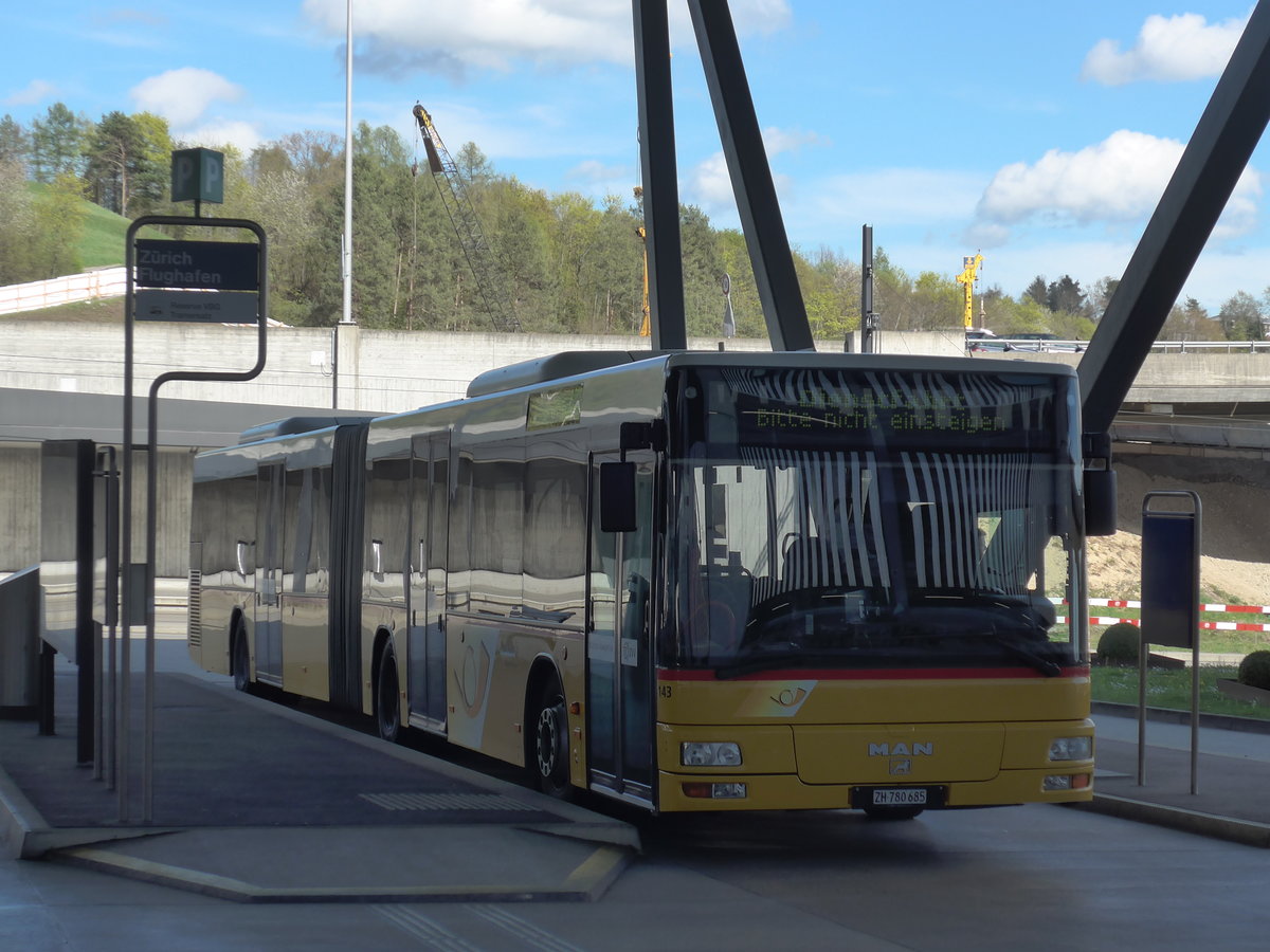 (170'061) - PostAuto Z�rich - Nr. 143/ZH 780'685 - MAN (ex Nr. 20; ex P 26'015) am 14. April 2016 in Z�rich, Flughafen