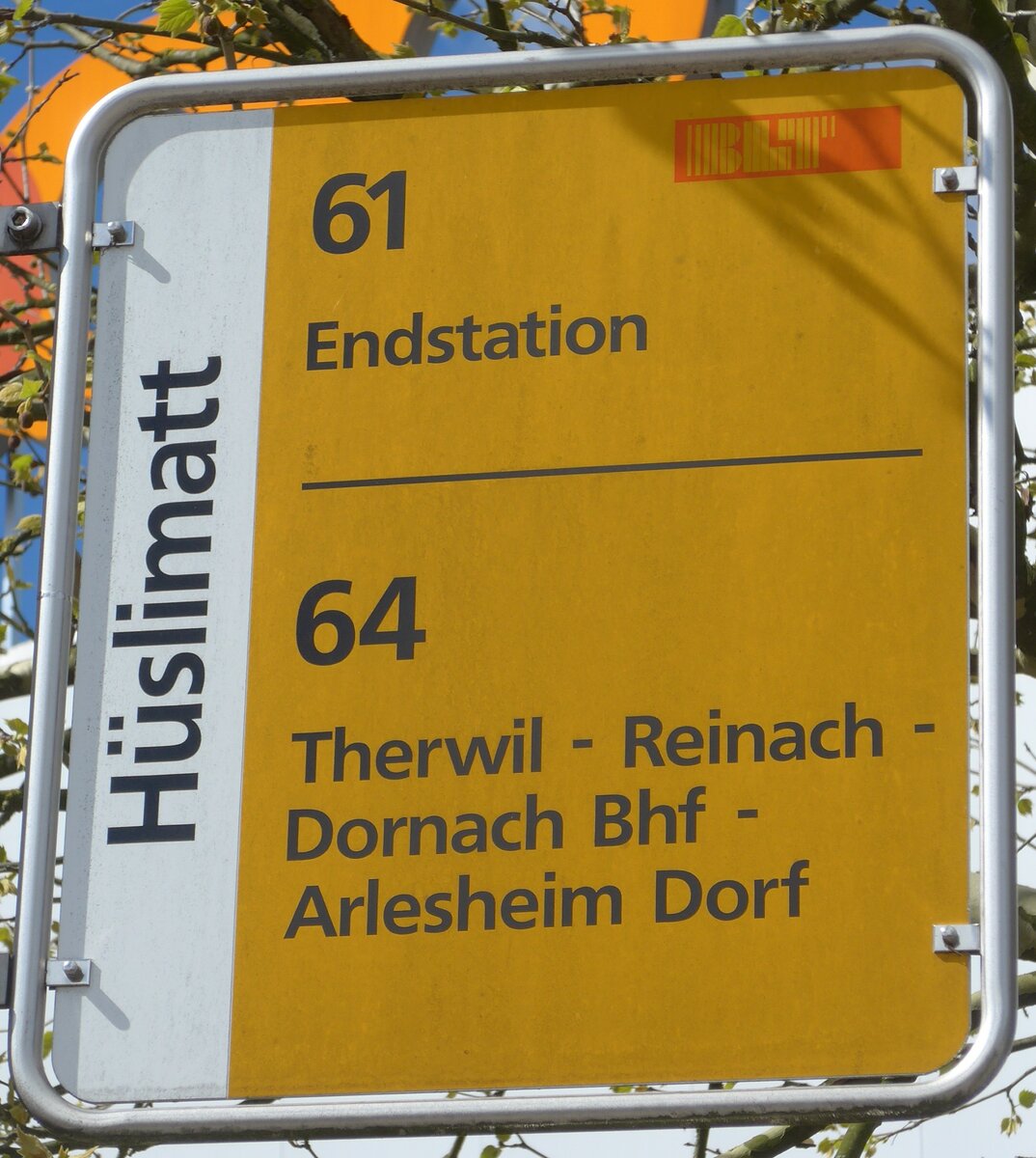 (170'103) - BLT-Haltestellenschild - Oberwil, H�slimatt - am 16. April 2016