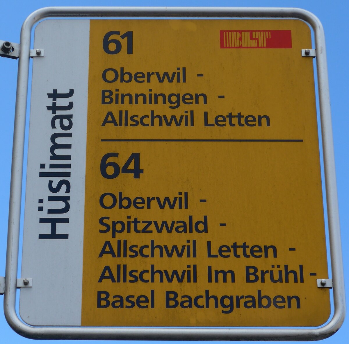 (170'104) - BLT-Haltestellenschild - Oberwil, H�slimatt - am 16. April 2016