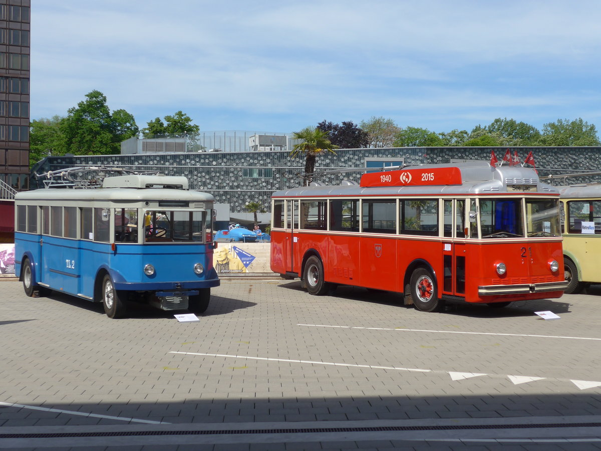 (171'252) - TL Lausanne (R�trobus) - Nr. 2 - FBW/Eggli Trolleybus (ex Nr. 3) + VB Biel - Nr. 21 - Berna/Hess Trolleybus am 22. Mai 2016 in Luzern, Verkehrshaus