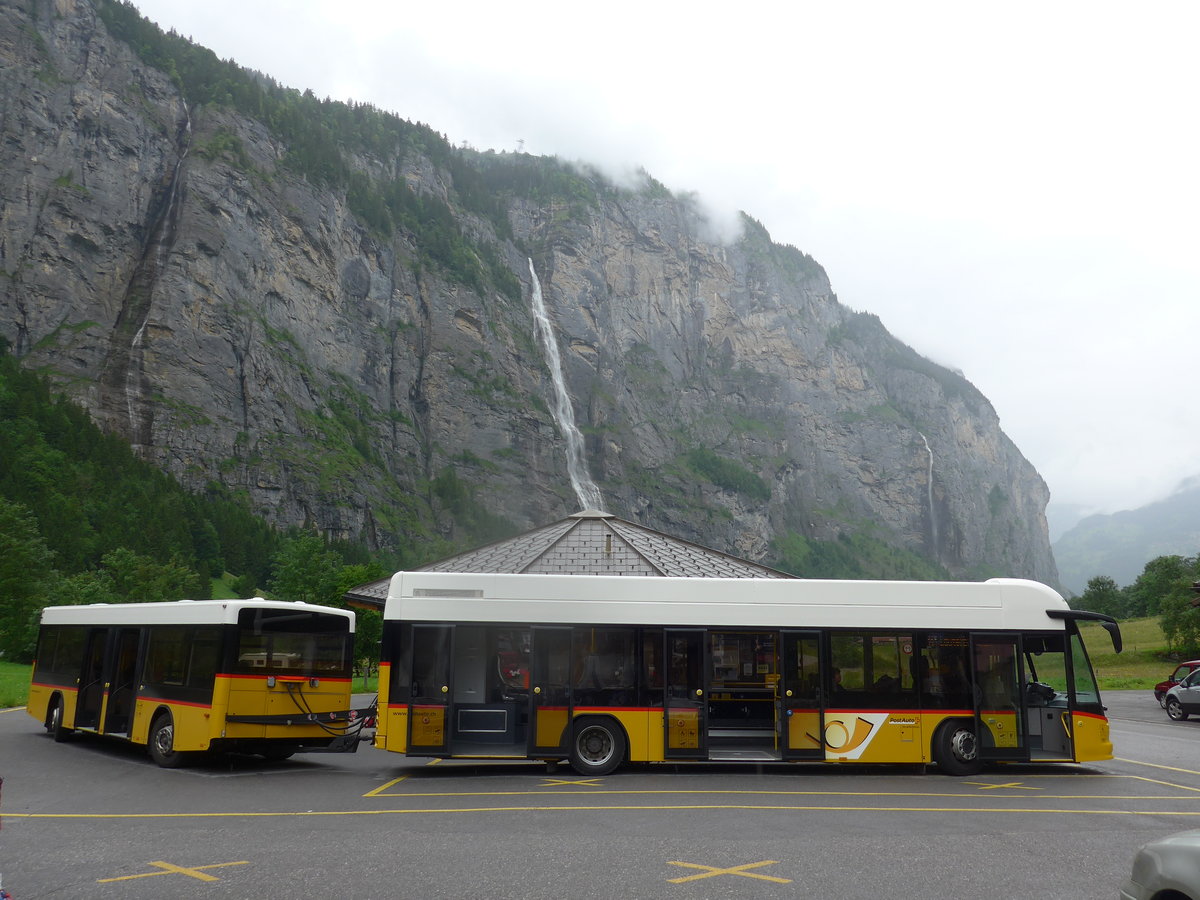 (171'732) - PostAuto Bern - BE 586'962 - Lanz+Marti/Hess Personenanh�nger (ex VBL Luzern Nr. 308) + BE 474'560 - Hess am 12. Juni 2016 in Stechelberg, Hotel