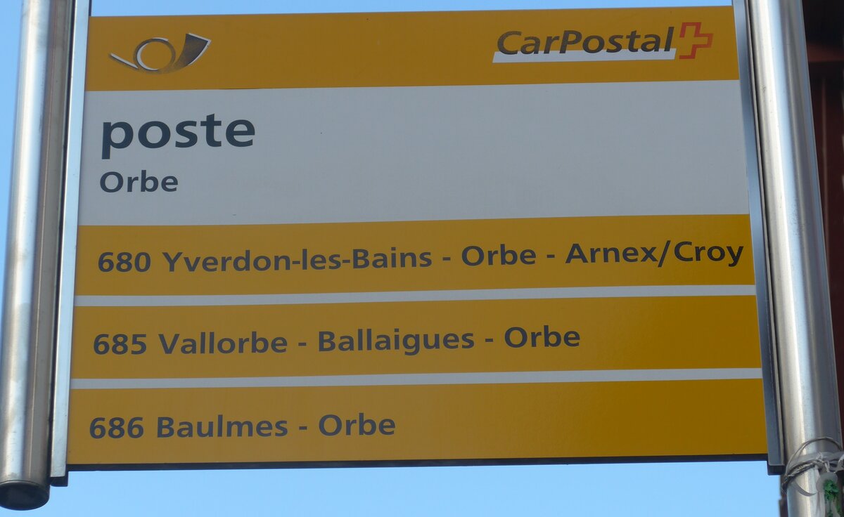(173'018) - PostAuto-Haltestellenschild - Orbe, poste - am 15. Juli 2016