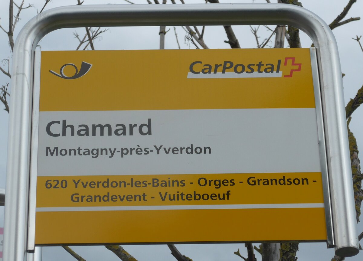 (173'029) - PostAuto-Haltestellenschild - Montagny-pr�s-Yverdon, Chamard - am 15. Juli 2016