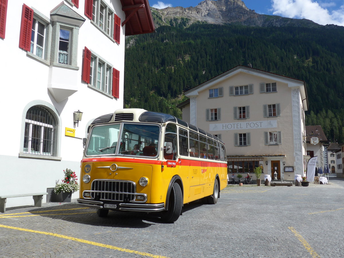 (174'230) - Tanner&Lambach, Reigoldswil - Nr. 2/BL 24'059 - FBW/R&J (ex Hunziker, R�schlikon; ex P 24'059; ex P 21'559) am 21. August 2016 in Andeer, Posta