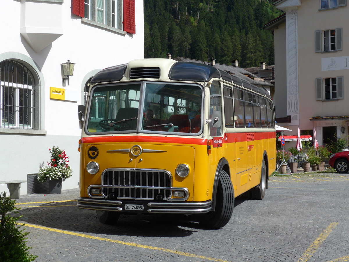 (174'233) - Tanner&Lambach, Reigoldswil - Nr. 2/BL 24'059 - FBW/R&J (ex Hunziker, R�schlikon; ex P 24'059; ex P 21'559) am 21. August 2016 in Andeer, Posta