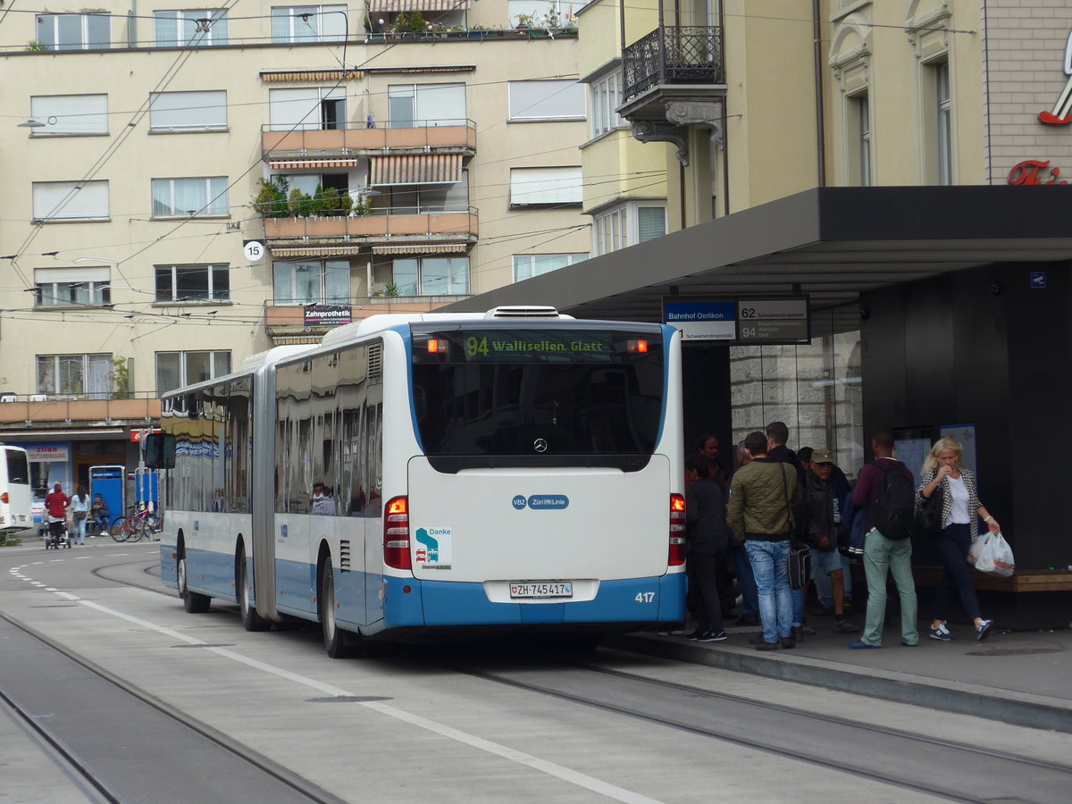 (174'634) - VBZ Z�rich - Nr. 417/ZH 745'417 - Mercedes am 5. September 2016 beim Bahnhof Z�rich-Oerlikon
