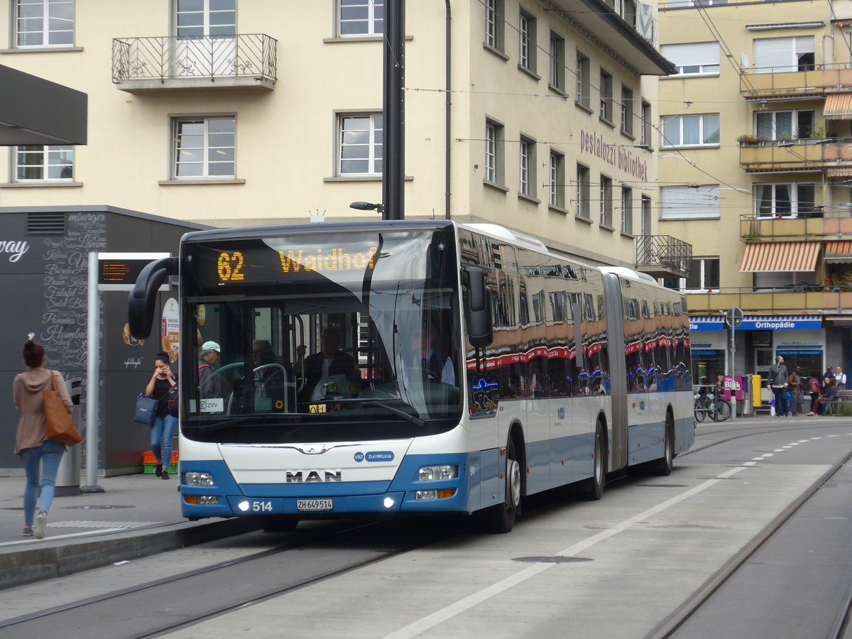 (174'638) - VBZ Z�rich - Nr. 514/ZH 649'514 - MAN am 5. September 2016 beim Bahnhof Z�rich-Oerlikon