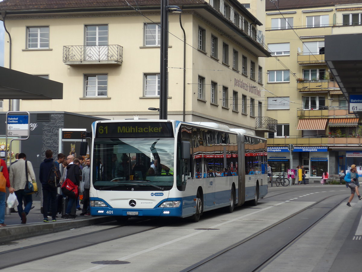 (174'645) - VBZ Z�rich - Nr. 401/ZH 745'401 - Mercedes am 5. September 2016 beim Bahnhof Z�rich-Oerlikon