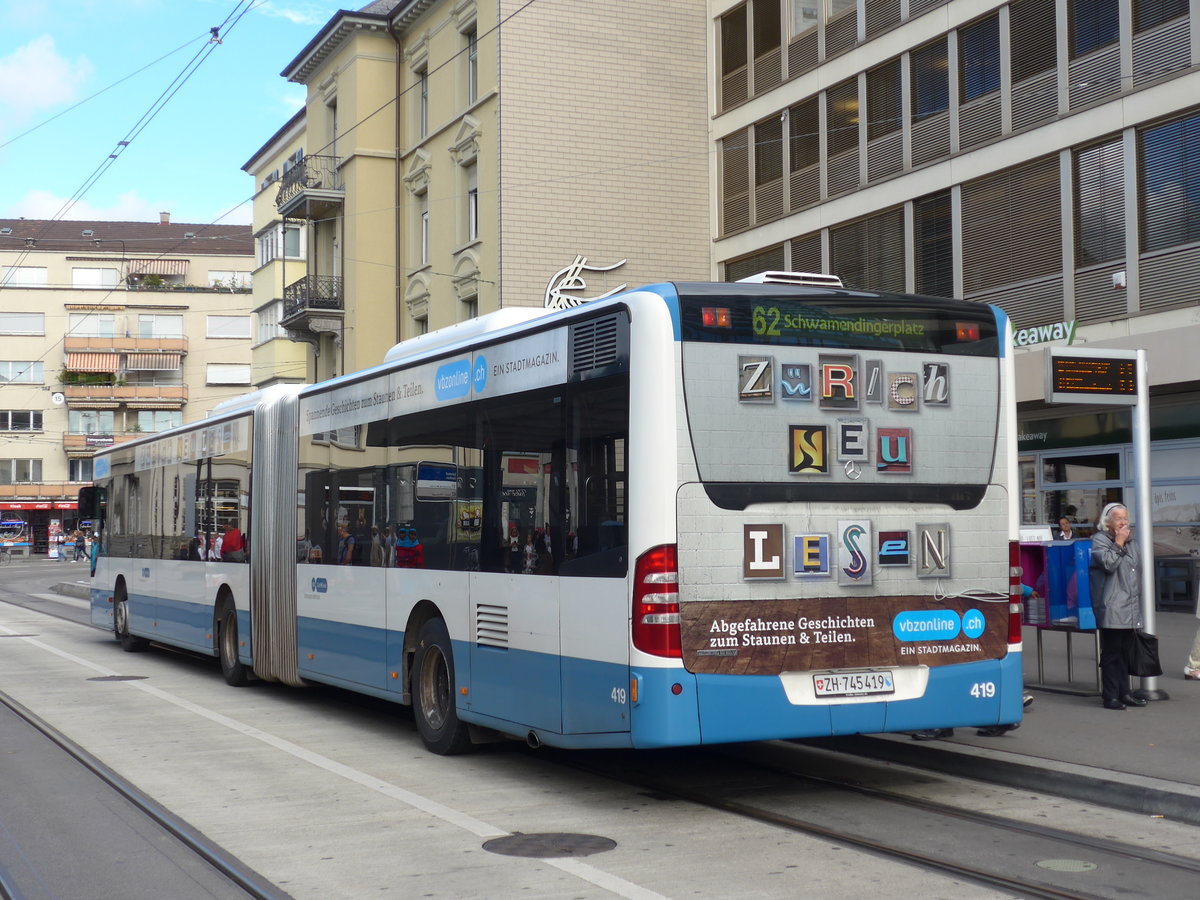 (174'646) - VBZ Z�rich - Nr. 419/ZH 745'419 - Mercedes am 5. September 2016 beim Bahnhof Z�rich-Oerlikon