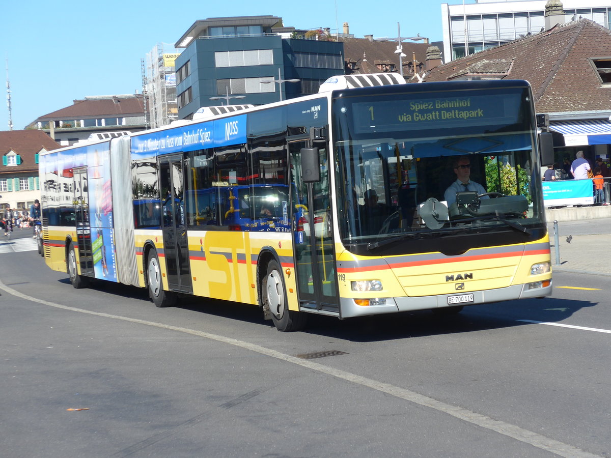 (175'278) - STI Thun - Nr. 119/BE 700'119 - MAN am 30. September 2016 beim Bahnhof Thun