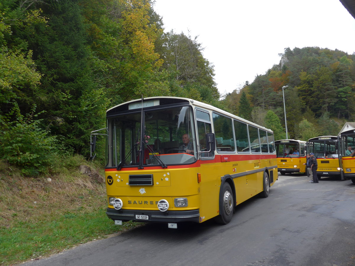 (175'360) - F�ssler, Unteriberg - Nr. 6/SZ 5232 - Saurer/R&J (ex Sch�rch, Gutenburg Nr. 6; ex P 24'358) am 2. Oktober 2016 in Schelten, Restaurant Scheltenm�hle