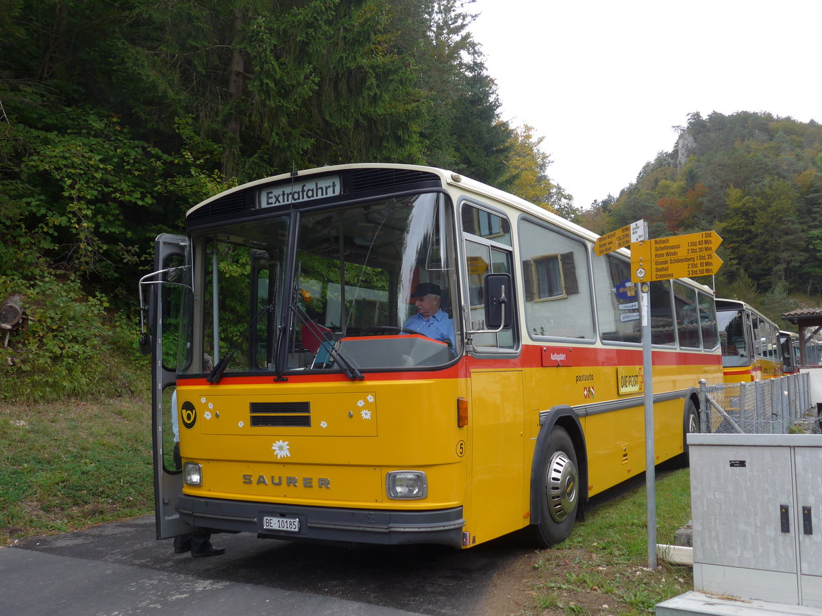 (175'366) - W�thrich, Ursenbach - Nr. 5/BE 10'185 - Saurer/T�scher (ex Sch�rch, Gutenburg Nr. 5; ex Engeloch, Riggisberg Nr. 5; ex P 25'668) am 2. Oktober 2016 in Schelten, Restaurant Scheltenm�hle