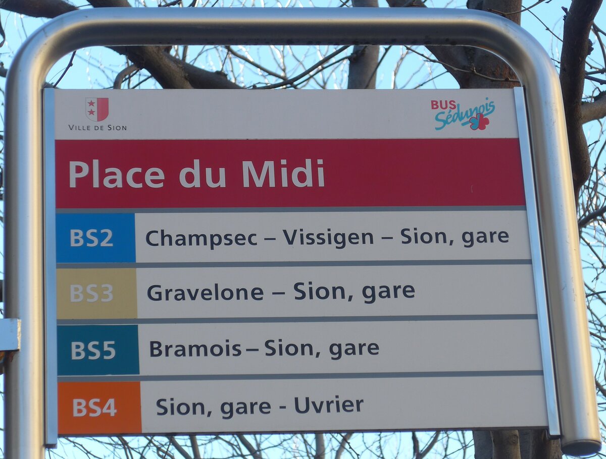 (176'596) - BUS S�dunois-Haltestellenschild - Sion, Place du Midi - am 12. November 2016