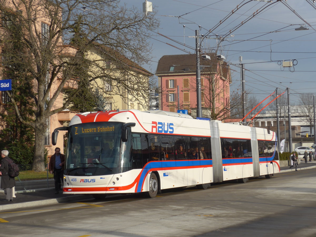 (177'161) - VBL Luzern - Nr. 408 - Hess/Hess Doppelgelenktrolleybus am 11. Dezember 2016 beim Bahnhof Emmenbr�cke S�d