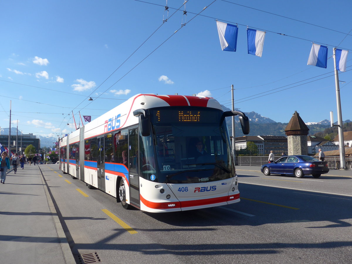 (179'418) - VBL Luzern - Nr. 408 - Hess/Hess Doppelgelenktrolleybus am 10. April 2017 in Luzern, Bahnhofbr�cke