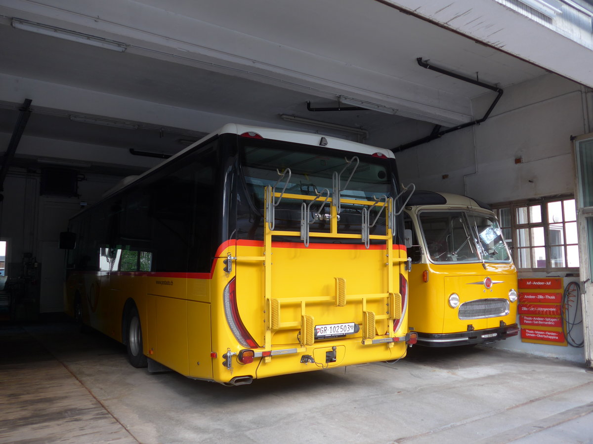 (180'431) - PostAuto Graub�nden - GR 102'503 - Irisbus am 22. Mai 2017 in Andeer, Garage Mark