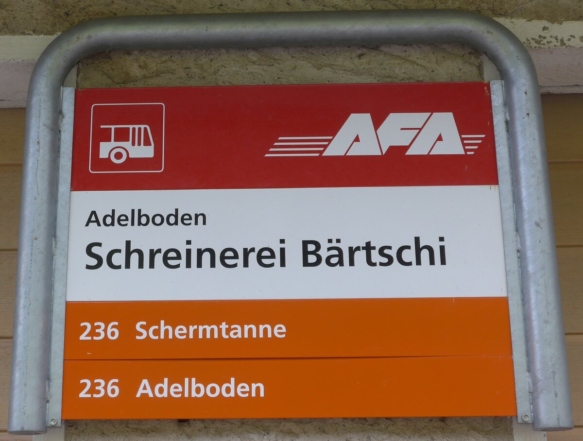 (180'963) - AFA-Haltestellenschild - Adelboden, Schreinerei B�rtschi - am 4. Juni 2017