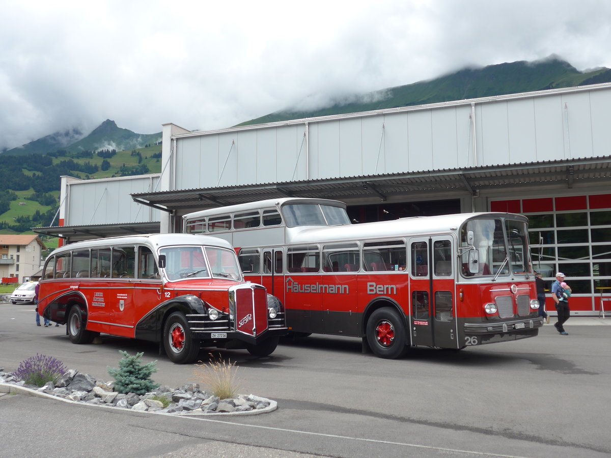 (181'711) - Meier, Gr�t - Nr. 12/ZH 27'216 - FBW/R&J (ex Wespe, Altst�tten; ex AFA Adelboden Nr. 12) + H�uselmann, Bern - Nr. 26/BE 1322 U - FBW/Vetter-R&J Anderthalbdecker (ex AFA Adelboden Nr. 9) am 1. Juli 2017 in Frutigen, Garage AFA