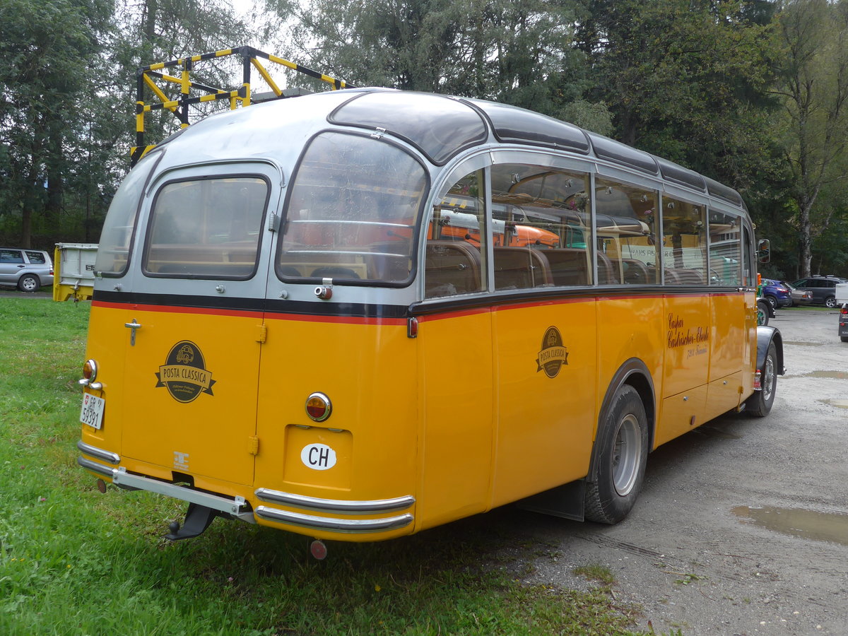 (185'023) - Castrischer, Trimmis - GR 59'391 - Saurer/Gangloff (ex Volkart, Zollikon; ex Funi-Car, Biel; ex M+79'534; ex P 23'126; ex P 2193) am 16. September 2017 in Cazis, B�ndner Arena