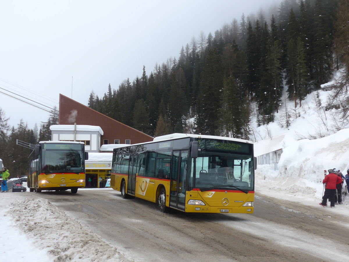 (188'787) - Jenal, Samnaun - GR 76'494 - Mercedes (ex PostAuto Nordschweiz) + GR 18'656 - Mercedes (ex PostAuto Graub�nden) am 16. Februar 2018 in Samnaun, Bergbahnen