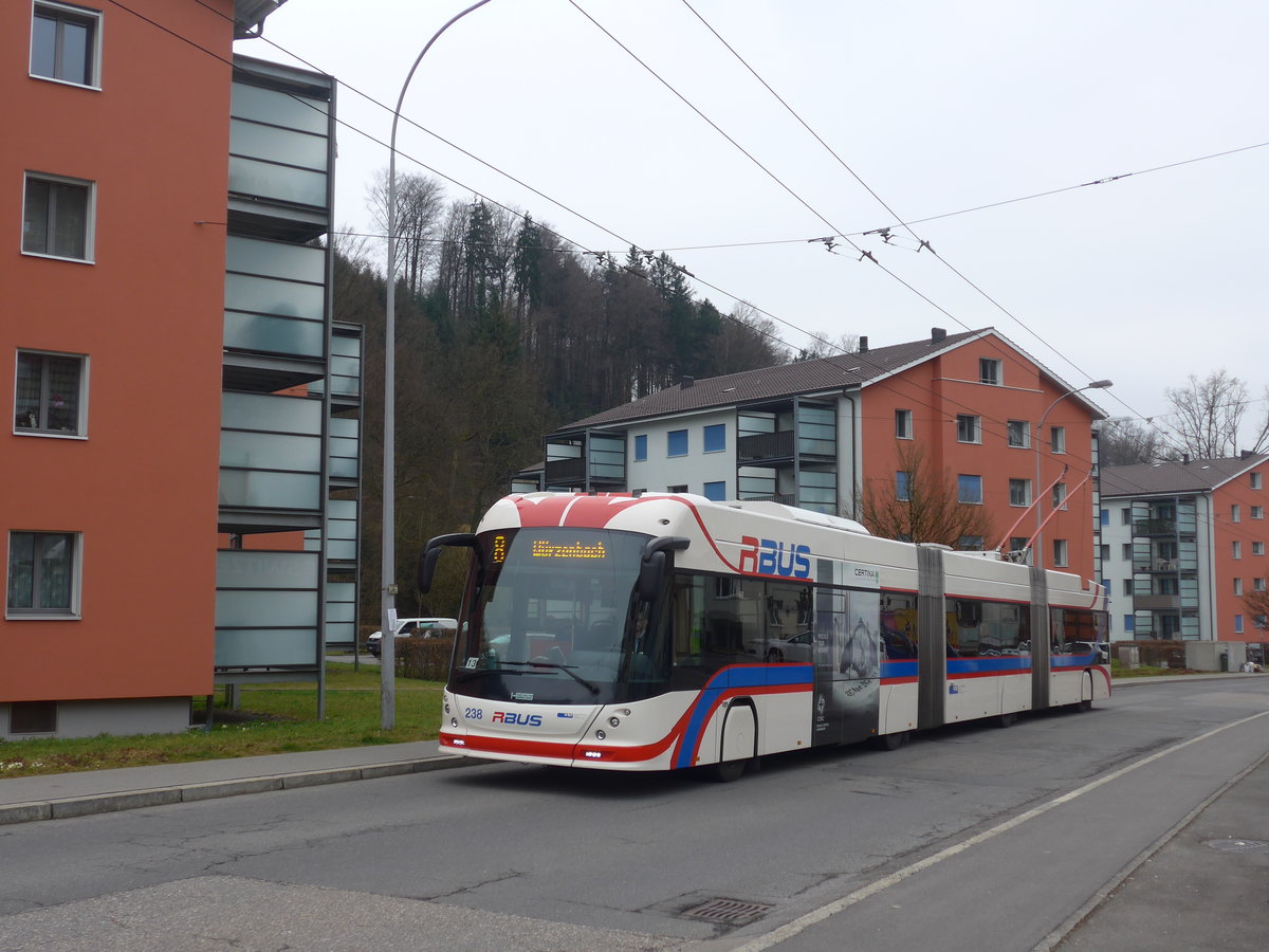 (189'360) - VBL Luzern - Nr. 238 - Hess/Hess Doppelgelenktrolleybus am 17. M�rz 2018 in Luzern, W�rzenbach